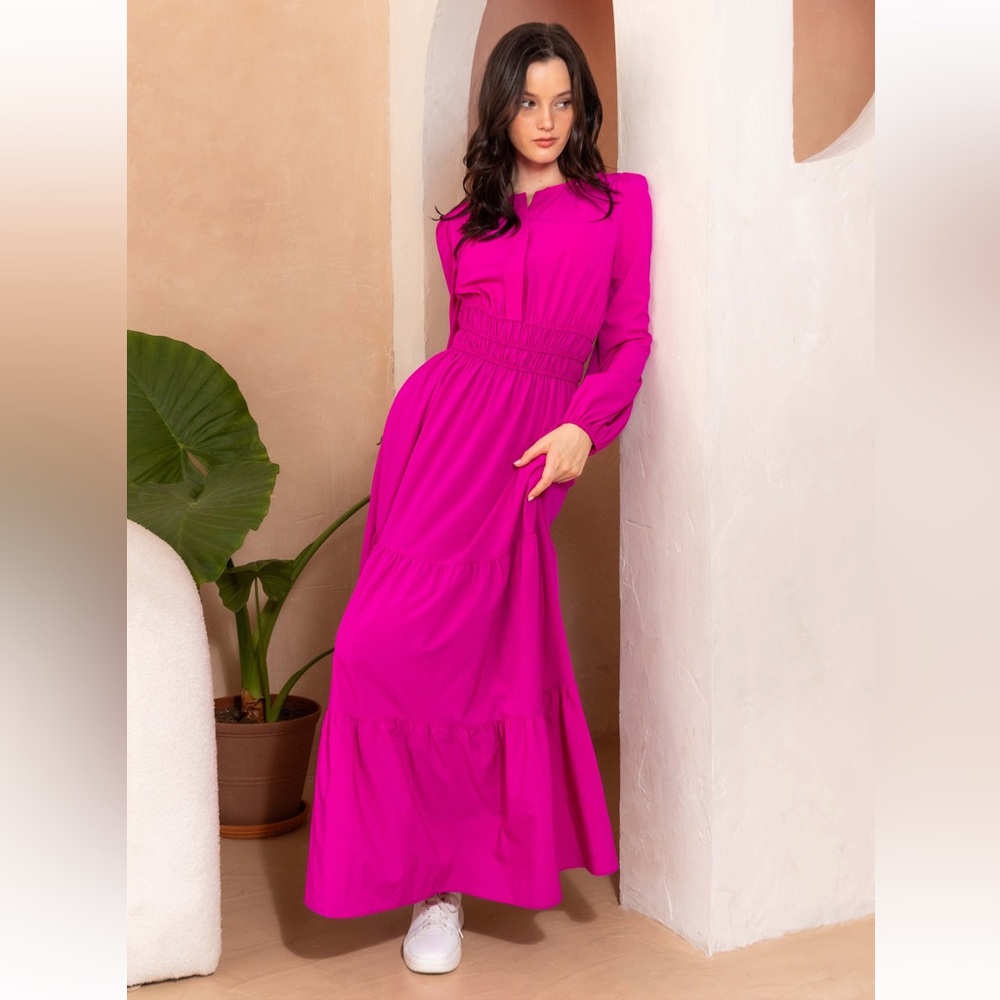 13 Boho Barbie Pink! Beautiful Tiered Long Sleeve Maxi Dress - Picture 3 of 4